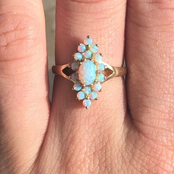 Fiery Opal Halo Marquise Shield Art Ring - Size 7.5 - Picture 2 of 8